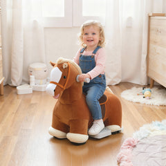 Electric Ride on Horse, Battery Powered Ride on Toy with Washable Cover and Quiet Wheels, Brown
