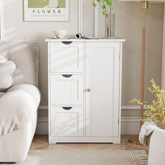 Bathroom Floor Cabinet Side Storage Cabinet with 3 Drawers and 1 Cupboard-White