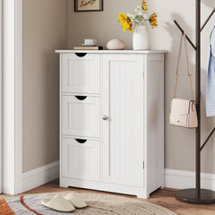 Bathroom Floor Cabinet Side Storage Cabinet with 3 Drawers and 1 Cupboard-White