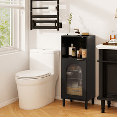 Bathroom Floor Cabinet Wood Side Storage Organizer with Adjustable Shelf-Black