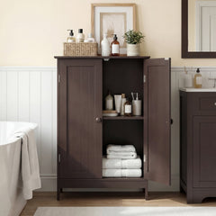 Bathroom Floor Storage Double Door Cupboard Cabinet-Brown