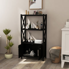 Bathroom Storage Cabinet with Open Shelves and Double Doors-Black