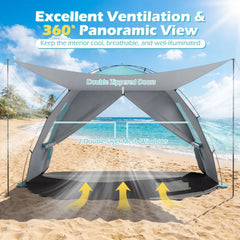 Beach Tent Sun Shelter with Canopy with Extended Floor and Vent Windows-Blue