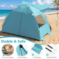 Beach Tent Sun Shelter with Canopy with Extended Floor and Vent Windows-Blue