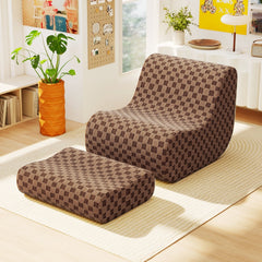 Teddy Velvet Bean Bag Lounge Chair with Ottoman, 38 in Deep, Machine Washable Covers, Brown Check