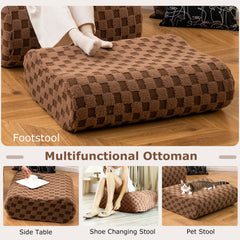 Teddy Velvet Bean Bag Lounge Chair with Ottoman, 38 in Deep, Machine Washable Covers, Brown Check