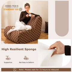 Teddy Velvet Bean Bag Lounge Chair with Ottoman, 38 in Deep, Machine Washable Covers, Brown Check