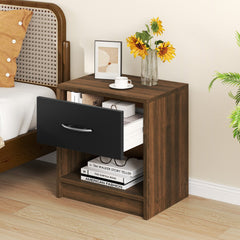 Bedside Table Nightstand with Drawer and Open Storage Shelf, Brown