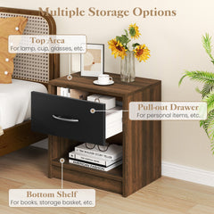 Bedside Table Nightstand with Drawer and Open Storage Shelf, Brown
