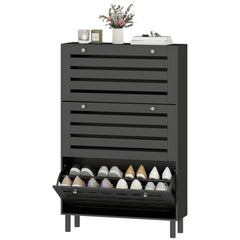 Narrow Shoe Storage Cabinet, 3 Flip Drawers, Adjustable Shelves, 18-24 Pairs Capacity, Black