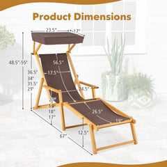 Birch Wood Folding Lounge Chair with Adjustable Canopy and Spare Fabric, Brown