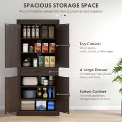 71" Freestanding Kitchen Pantry with 4 Doors and 2 Cabinets, Tall Storage Cabinet for Kitchen, Distressed Black