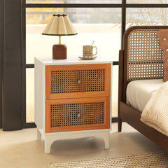 Boho Nightstand with 2 Handwoven Rattan Drawers, White