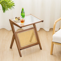 Boho End Table with Tempered Glass Top and Woven Rattan Magazine Rack