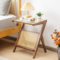 Boho End Table with Tempered Glass Top and Woven Rattan Magazine Rack