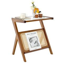 Boho End Table with Tempered Glass Top and Woven Rattan Magazine Rack