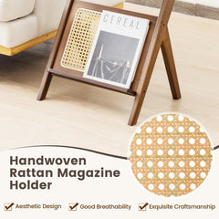 Boho End Table with Tempered Glass Top and Woven Rattan Magazine Rack