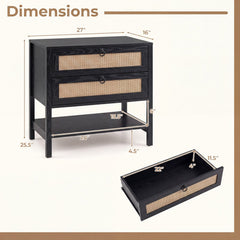 Boho Rattan Nightstand with 2 Drawers and Bottom Open Shelf-Black