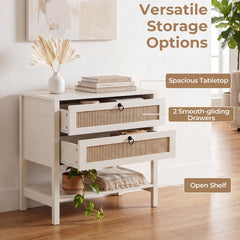 Boho Rattan Nightstand with 2 Drawers and Bottom Open Shelf-White