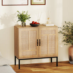 Boho Storage Cabinet with Asymmetrical Pattern Doors for Kitchen-Natural