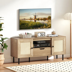 Boho TV Stand for 60 Inch TV Entertainment Center with Cabinets and Storage Shelf-Natural