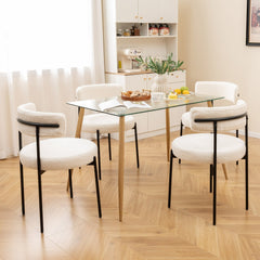 Set of 4 Cream Boucle Style Dining Chairs with 20.5 Inch Round Seats, Curved Backs and Black Metal Legs