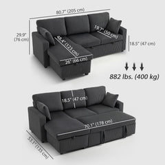 81" Sofa Bed, 2 In 1 Pull Out Sleeper Sofa Bed with Storage, Corduroy Convertible Couch for Living Room, Dark Grey