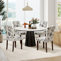 Set of 2 Button Tufted Dining Chairs, Cream with Black Floral Print, 5.5 Inch Sprung Seat and High Curved Back
