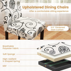 Set of 2 Button Tufted Dining Chairs, Cream with Black Floral Print, 5.5 Inch Sprung Seat and High Curved Back