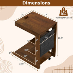 C-shaped End Table with Wheels and Adjustable Desktop for Sofa Couch Bedside-Brown