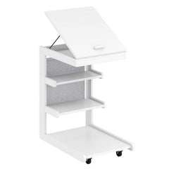 C-shaped End Table with Wheels and Adjustable Desktop for Sofa Couch Bedside-White