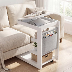 C-shaped End Table with Wheels and Adjustable Desktop for Sofa Couch Bedside-White