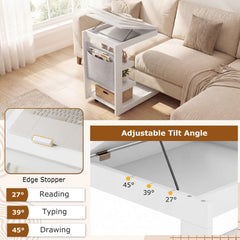 C-shaped End Table with Wheels and Adjustable Desktop for Sofa Couch Bedside-White
