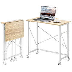 31.5" Home Office Desk, Folding Desk with Wheels for Small Space, Easy Assembly for Home Office, Natural Wood Finish
