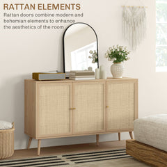 Kitchen Sideboard Cabinet, Boho Storage Cabinet with Shelves, Wood Legs, Decorative Rattan Doors, Black