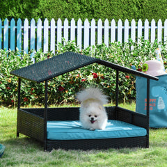 Rattan Dog House with Canopy, Wicker Dog Bed with Water-Resistant Cushion, for Small and Medium Breeds Blue