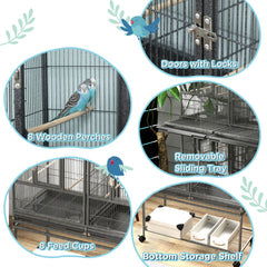 61"H Divided Breeder Bird Cage with Rolling Stand Removable Metal Tray, Storage Shelf, Wood Perch, and Food Container, Dark Grey