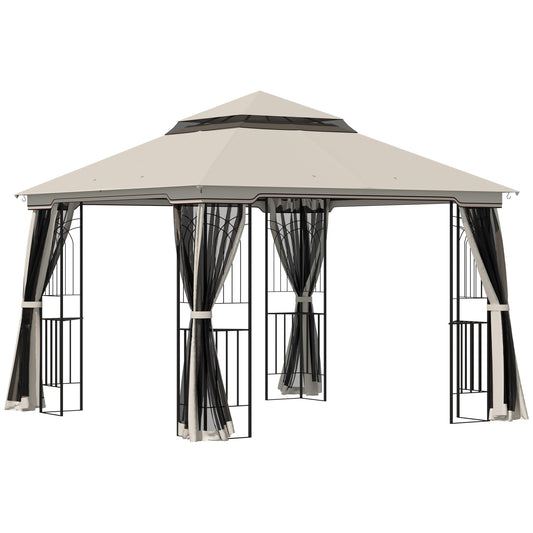 10'x10' Soft-top Patio Gazebo with Double Tier Roof, Mesh Curtains, Display Shelves, Top Hooks, Beige