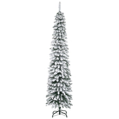6 Ft Snow-Flocked Artificial Christmas Tree, Slim Pencil Xmas Tree with Realistic Branches, Metal Base, Green