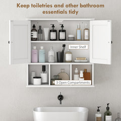 Farmhouse Bathroom Wall Cabinet, Wall Mounted Medicine Cabinet with Adjustable Shelf, Open Compartments, White