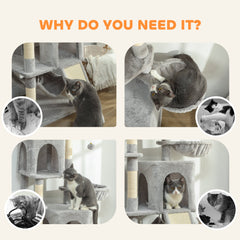 Cat Tree, 70" Multi-Level Cat Tower with 2 Condos, 2 Perches, Hammock, Toy Balls, Scratching Posts and Board, Dark Grey