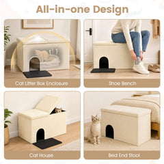 3-in-1 Cat Litter Box Enclosure with Removable & Movable Divider for Pets-Beige