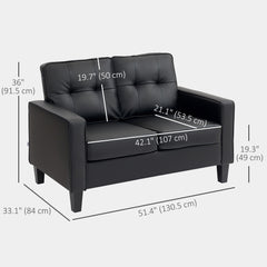 51" Double Sofa Couch, Upholstered PU Leather Loveseat with Armrests, Tufted Backrest, Cushion, Black