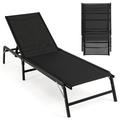 Set of 2 Foldable Chaise Lounges with 5 Level Backrests to Flat, Black