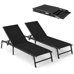Set of 2 Foldable Chaise Lounges with 5 Level Backrests to Flat, Black