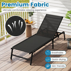 Set of 2 Foldable Chaise Lounges with 5 Level Backrests to Flat, Black