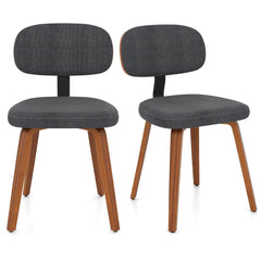 Set of 2 Chenille Dining Chairs, Dark Grey with Walnut Tone Bentwood Legs and Black Metal Back Bracket