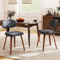Set of 2 Chenille Dining Chairs, Dark Grey with Walnut Tone Bentwood Legs and Black Metal Back Bracket
