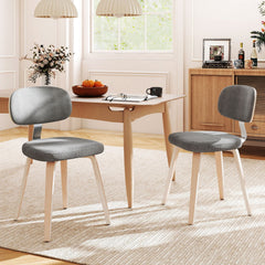 Set of 2 Chenille Dining Chairs, Light Grey with Natural Bentwood Legs and Silver Metal Back Bracket