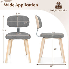Set of 2 Chenille Dining Chairs, Light Grey with Natural Bentwood Legs and Silver Metal Back Bracket
